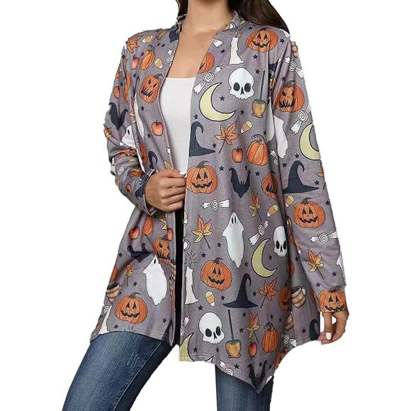 Halloween Cardigan Sweater Open Front Pumpkin Skull Bats Ghost Gray Womens 2XL - Picture 1 of 7